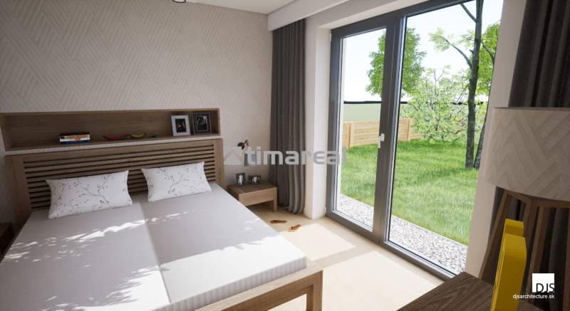 Novostavba moderného 4i domu v Hrubej Borši - Spálňa v rodinnom dome s manželskou posteľou, veľkým oknom a výhľadom do záhrady.