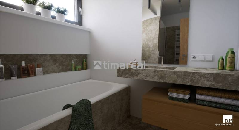 Novostavba moderného 4i domu v Hrubej Borši - Kúpeľňa s vaňou a umývadlom, obklopená prírodnými dekormi a úložným priestorom.