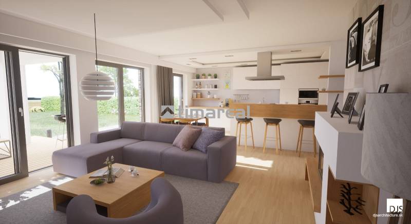 Novostavba moderného 4i domu v Hrubej Borši - Obývačka s podlahou s dreveným dekorom a kuchynským ostrovčekom v rodinnom dome.