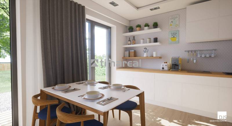 Novostavba moderného 4i domu v Hrubej Borši - Jemne osvetlená jedáleň v rodinnom dome s bielym stolom a kuchynskými doplnkami.