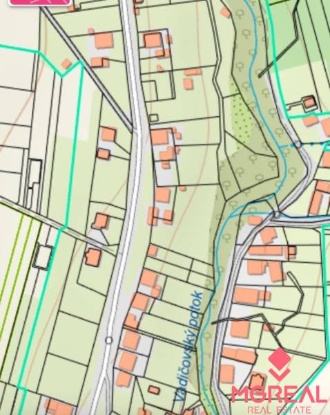 Stavebný pozemok, Horný Vadičov - Mapa pozemkov na bývanie v Hornom Vadičove, vrátane Vodického potoka a prístupových ciest.