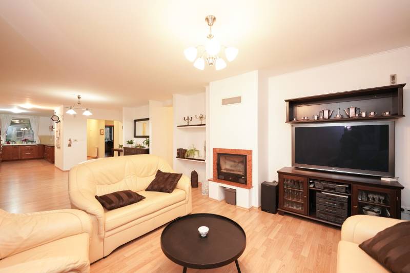 Investičná príležitosť v Kvetoslavov - DOM ideálny pre súkromnú škôlku - Obývačka v rodinnom dome s krbom, koženými sedačkami a podlahou s dreveným dekorom.