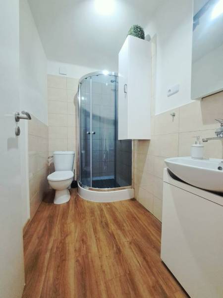 Exkluzívne na predaj 5 izbový rodinný dom - Kúpeľňa v rodinnom dome s toaletou, sprchovým kútom a podlahou s dreveným dekorom.