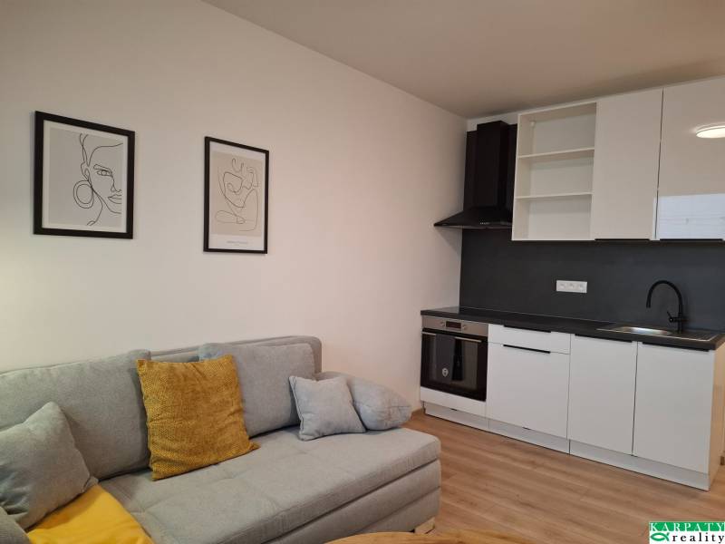 Zrekonštruovaná   garsónka s balkónom na Spartakovskej ulici v Trnave - Garsónka s pohovkou, kuchyňou a podlahou s dreveným dekorom.