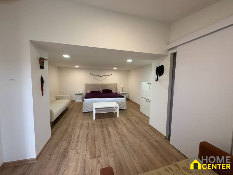 NA PRENÁJOM krásny 1 izbový apartmán so záhradou v srdci Komárna - 1-izbový byt s posteľou, pohovkou a podlahou s dreveným dekorom.