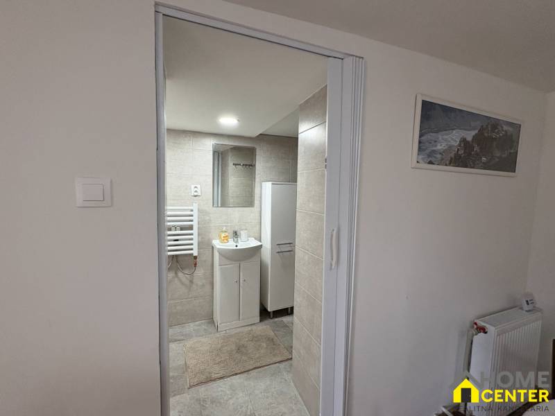 NA PRENÁJOM krásny 1 izbový apartmán so záhradou v srdci Komárna - Kúpeľňa v 1-izbovom byte s umývadlom, zrkadlom a radiátorom na stene.