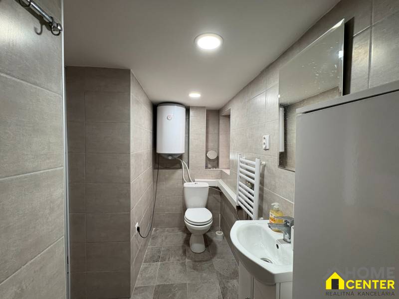 NA PRENÁJOM krásny 1 izbový apartmán so záhradou v srdci Komárna - Kúpeľňa v 1-izbovom byte so sprchovým kútom, umývadlom a WC, dlaždice na stenách.