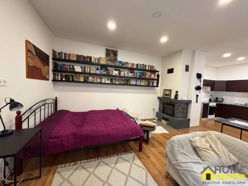 EXKLUZÍVNE na prenájom apartmán s nádychom afrického štýlu v centre KN - Interiér 1-izbového bytu s knižnicami, krbom, podlahou s dreveným dekorom a kuchyňou.