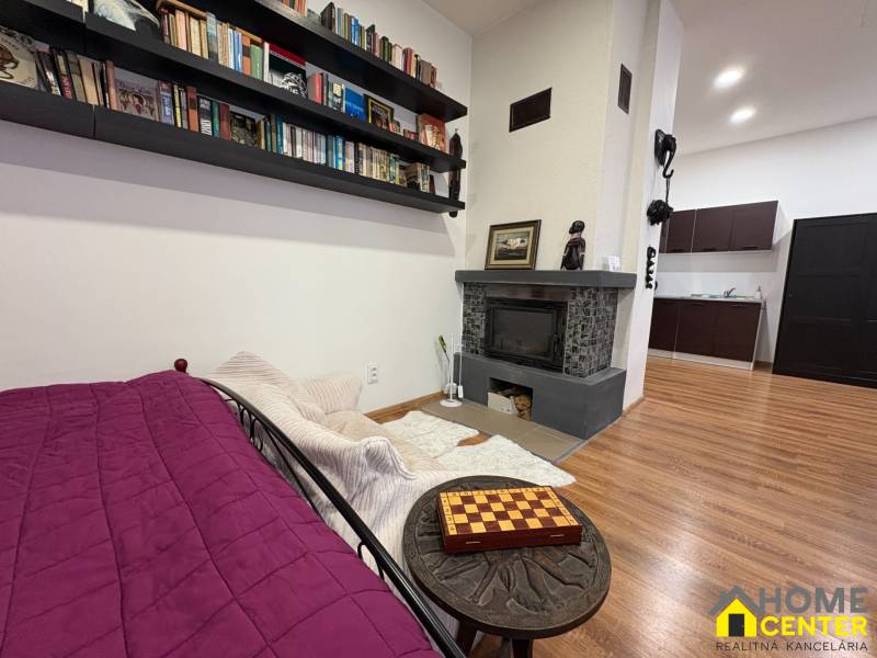 EXKLUZÍVNE na prenájom apartmán s nádychom afrického štýlu v centre KN - Krb, knižnica a kuchyňa v 1-izbovom byte s podlahou s dreveným dekorom.