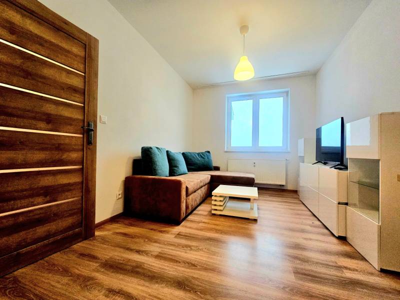 EXKLUZÍVNE- 2 Izbový byt v obci Motešice + parkovacie miesto  - Obývacia izba v 2-izbovom byte s pohovkou a podlahou s dreveným dekorom.