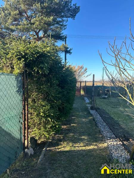 PREDAJ : ZÁHRADA S MUROVANOU CHATKOU, KOMÁRNO - Záhrady v Novej osade Komárna, plot so zelenými ihličnanmi a kamenná cestička.