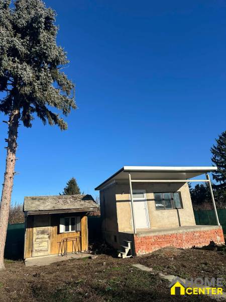 PREDAJ : ZÁHRADA S MUROVANOU CHATKOU, KOMÁRNO - Záhrady v Novej osade v Komárne s malými stavbami a ihličnatým stromom.