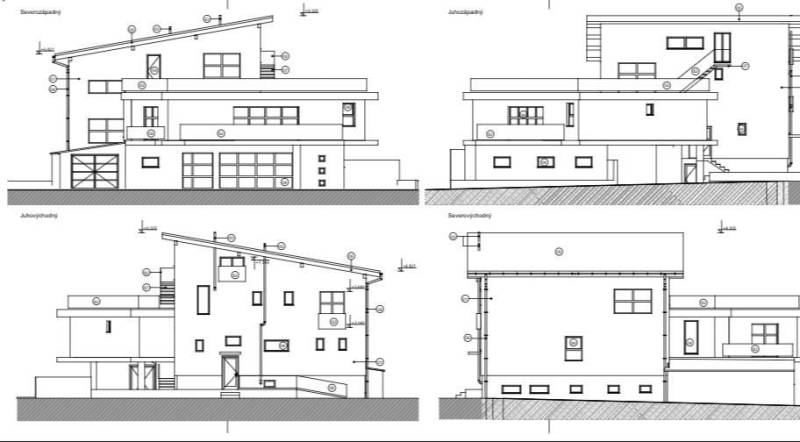 Prenájom ubytovacieho zariadenia – Šaľa Veča s kapacitou 50 osôb - Architektonický plán budovy v Šali so šikmou strechou a viacerými podlažiami.