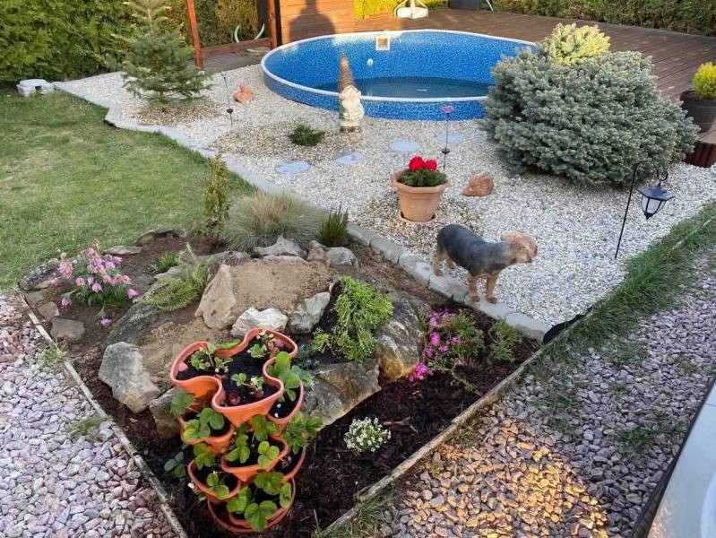 Záhrada na predaj – Kráľová nad Váhom 29 900 € - Dohoda Možná - Záhrada v Kráľovej nad Váhom pri chate s bazénom, kvetmi a psom.