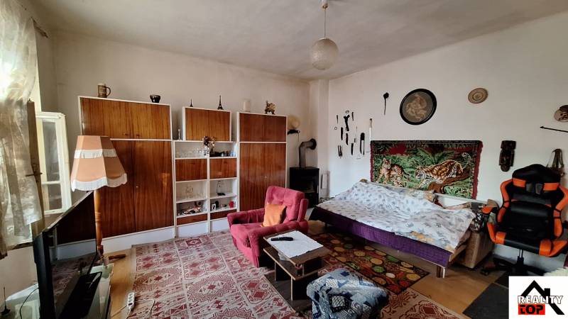 Hľadáte bývanie alebo investičnú príležitosť  - Obývačka v rodinnom dome s kobercom, pohovkou a policovým úložným systémom.