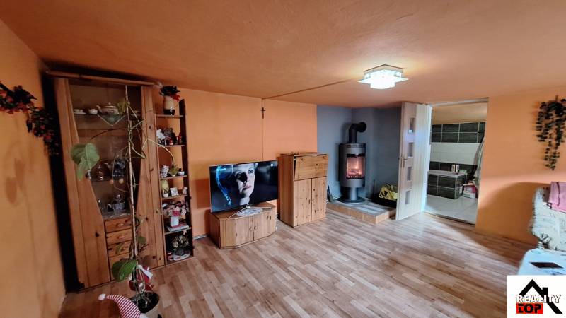 Hľadáte bývanie alebo investičnú príležitosť  - Obývacia izba s podlahou s dreveným dekorom, krbom a televízorom v rodinnom dome.