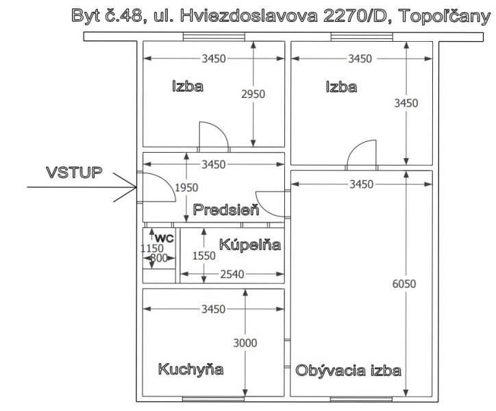 PRÍJEMNÝ 3 IZBOVÝ BYT | P.O.HVIEZDOSLAVA | TOPOĽČANY - Pôdorys 3-izbového bytu na ul. P.O. Hviezdoslava v Topoľčanoch s predsieňou a kúpeľňou.