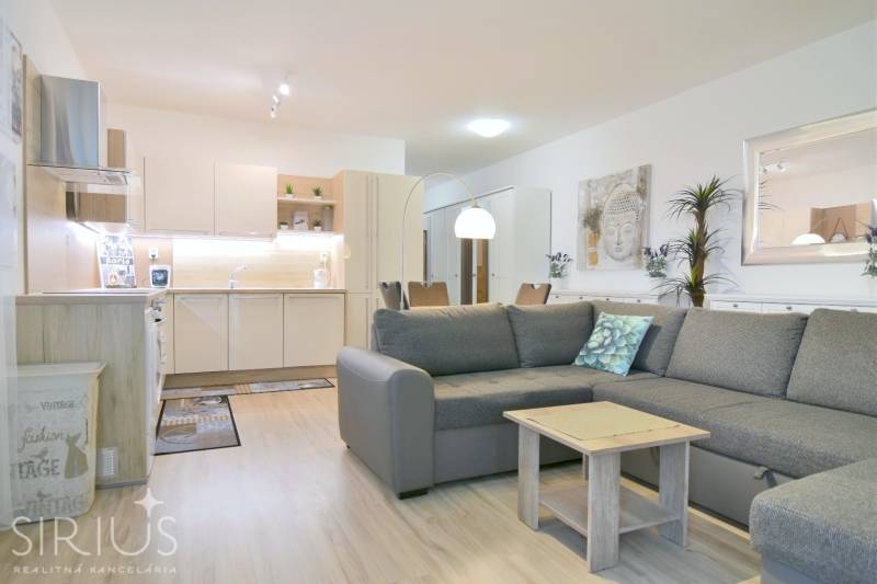 ANTOLSKÁ, 2-i byt, 54 m2 – novostavba REZIDENCIA DRAŽDIAK, zariadený - Obývacia izba s kuchynským kútom a podlahou s dreveným dekorom v 2-izbovom byte.