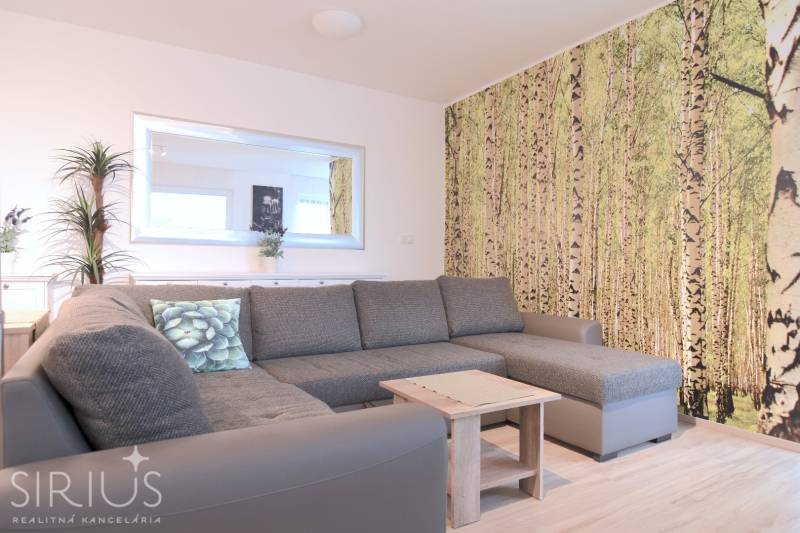 ANTOLSKÁ, 2-i byt, 54 m2 – novostavba REZIDENCIA DRAŽDIAK, zariadený - Obývacia izba v 2-izbovom byte so sivým gaučom a tapetou s lesným motívom.