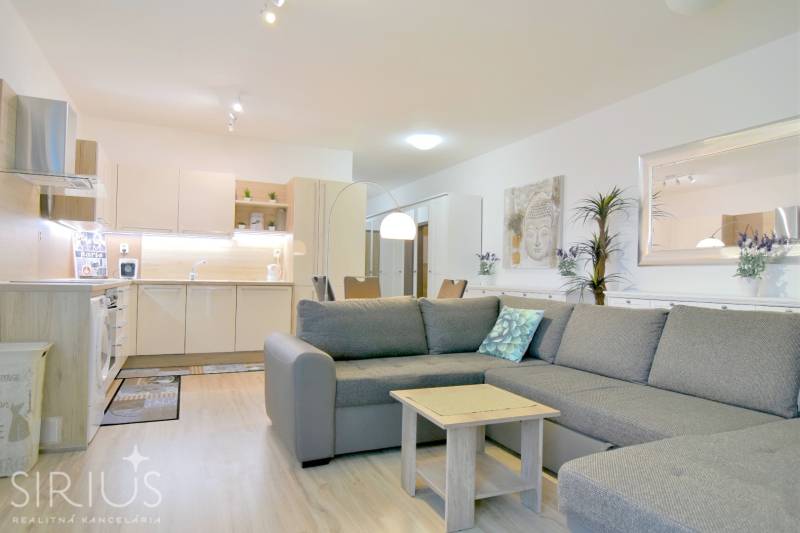 ANTOLSKÁ, 2-i byt, 54 m2 – novostavba REZIDENCIA DRAŽDIAK, zariadený - Obývačka s kuchyňou v 2-izbovom byte, sivá sedačka, skriňa, podlaha s dreveným dekorom.