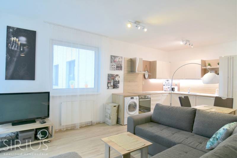 ANTOLSKÁ, 2-i byt, 54 m2 – novostavba REZIDENCIA DRAŽDIAK, zariadený - Obývacia izba s kuchynským kútom, sedačkou a podlahou s dreveným dekorom v 2-izbovom byte.