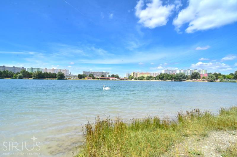 ANTOLSKÁ, 2-i byt, 54 m2 – novostavba REZIDENCIA DRAŽDIAK, zariadený - Veľké jazero s labuťou, pozadie tvoria paneláky Bratislava - Petržalka na Antolskej.