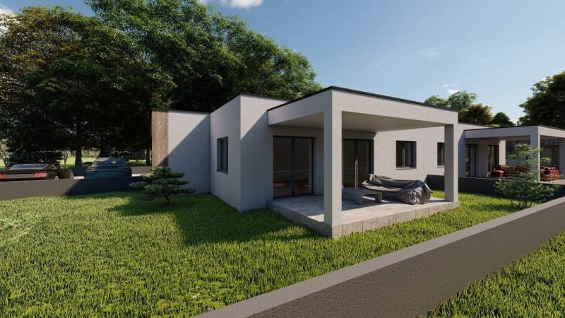 Novostavba 4-izbového rodinného dvojdomu v obci Žihárec - Rodinný dom v Žihárci s terasou a záhradou, obklopený zeleňou a autami.