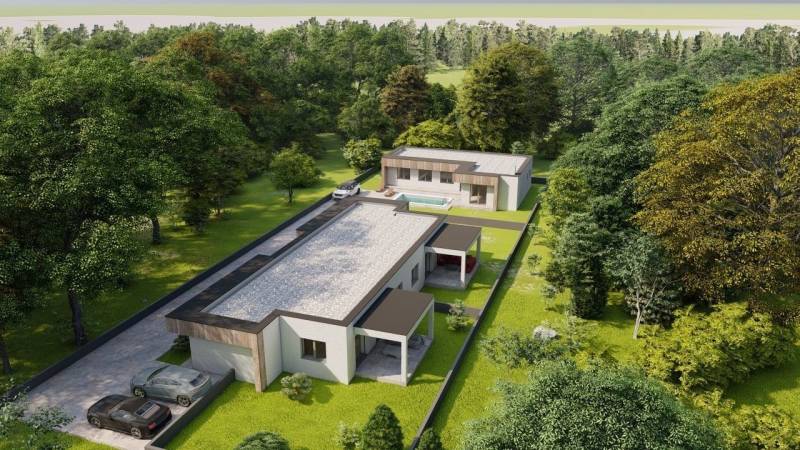 Novostavba 4-izbového rodinného dvojdomu v obci Žihárec - Rodinné domy v Žihárci obklopené zelenými stromami, s bazénom a príjazdovou cestou.