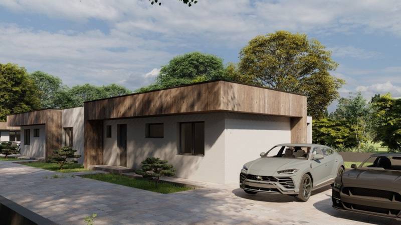 Novostavba 4-izbového rodinného dvojdomu v obci Žihárec - Rodinný dom v Žihárci, moderné vozy, upravená záhrada, jasná obloha a stromy v pozadí.