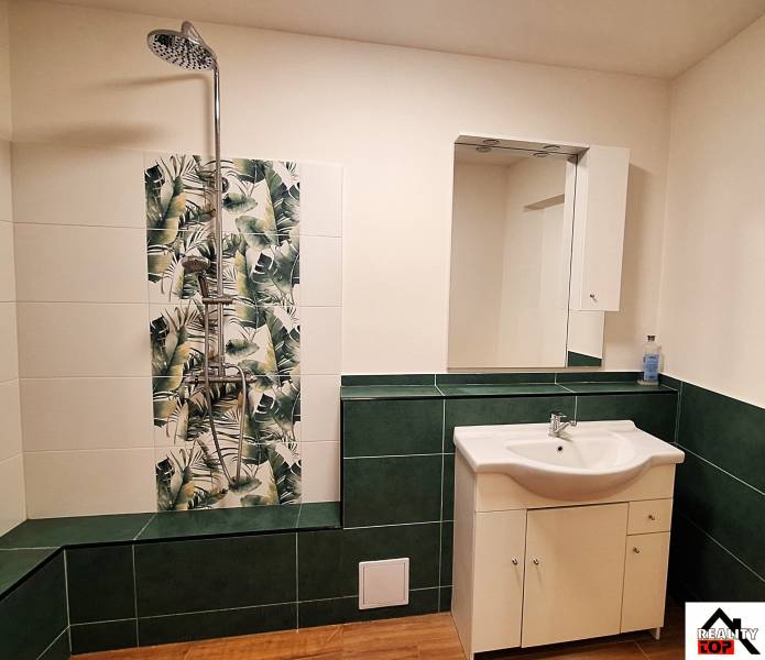 Rodinný dom po čiastočnej rekonštrukcii - Kúpeľňa v rodinnom dome s umývadlom, sprchou a zelenou kachličkovou dekoráciou.