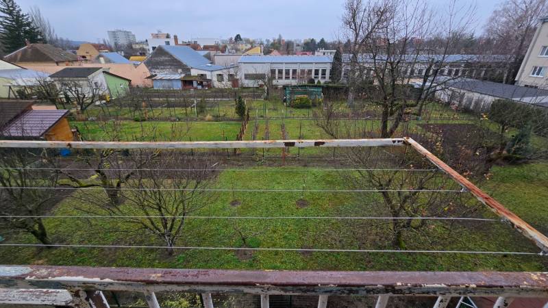 3-izbový byt so záhradou a garážou – Sadová ulica, Piešťany - Záhrada v Piešťanoch na Sadovej ulici s ovocnými stromami a časťou zábradlia.