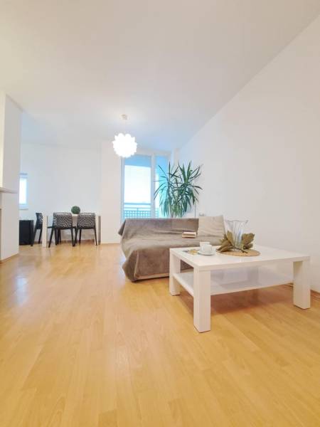 Miesto, kde sa budete cítiť doma–2-izbový byt na sídlisku West-Galana - Obývacia izba v 2-izbovom byte s podlahou s dreveným dekorom, pohovka a konferenčný stolík.