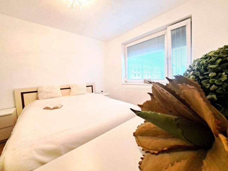 Miesto, kde sa budete cítiť doma–2-izbový byt na sídlisku West-Galana - Svetlá spálňa s veľkou posteľou, kniha a rastlina v 2-izbovom byte.