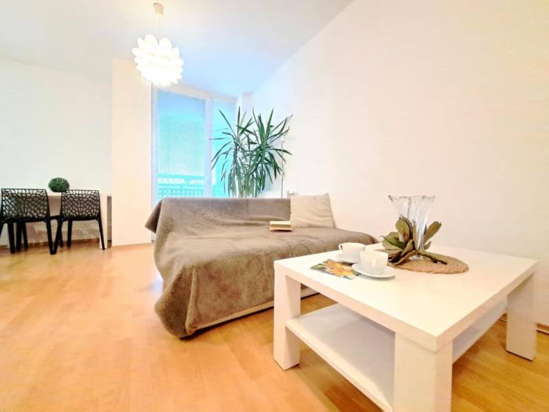 Miesto, kde sa budete cítiť doma–2-izbový byt na sídlisku West-Galana - Obývačka v 2-izbovom byte s podlahou s dreveným dekorom, sedačkou a stolíkom.