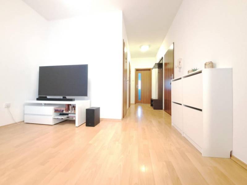 Miesto, kde sa budete cítiť doma–2-izbový byt na sídlisku West-Galana - Obývacia izba v 2-izbovom byte s televízorom a podlahou s dreveným dekorom.