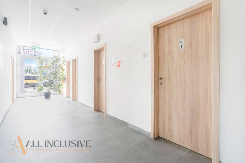 ALL INCLUSIVE I PODNIKATEĽSKÝ PRIESTOR 18 M2 NA PRENÁJOM GALANTA    - Chodba v kanceláriách na Vajanského ulici v Galante s drevenými dverami a rastlinou.