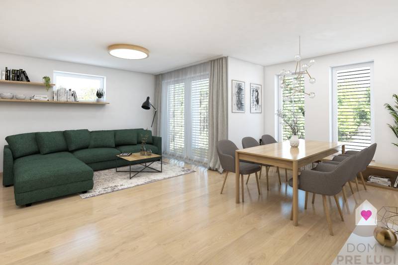 VEĽKORYSO RIEŠENÝ 4 izbový RD-128 m2 S TEP. ČERPADLOM, POZEMOK 405 m2 - Obývačka v rodinnom dome s podlahou s dreveným dekorom, zelenou sedačkou a jedálňou.