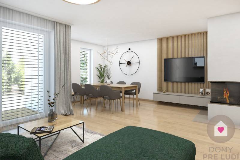 VEĽKORYSO RIEŠENÝ 4 izbový RD-128 m2 S TEP. ČERPADLOM, POZEMOK 405 m2 - Rodinný dom s pohodlnou obývačkou, jedálenským stolom a podlahou s dreveným dekorom.