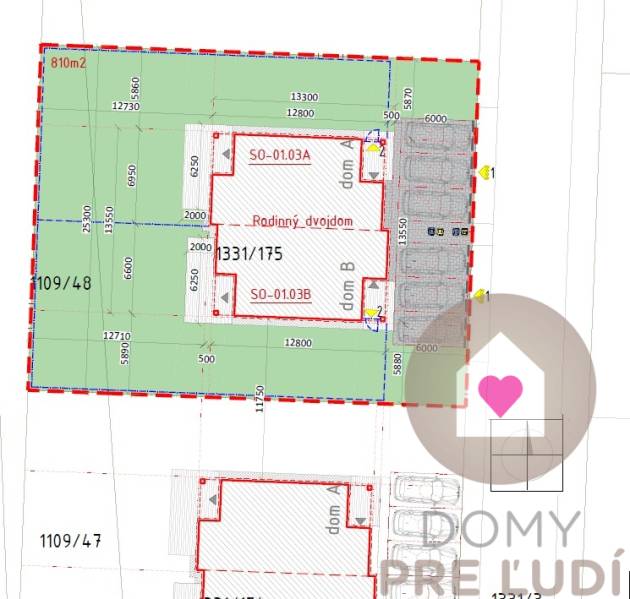 VEĽKORYSO RIEŠENÝ 4 izbový RD-128 m2 S TEP. ČERPADLOM, POZEMOK 405 m2 - Pôdorys dvojdomu s určením parcely a rozmermi v Zálesí.