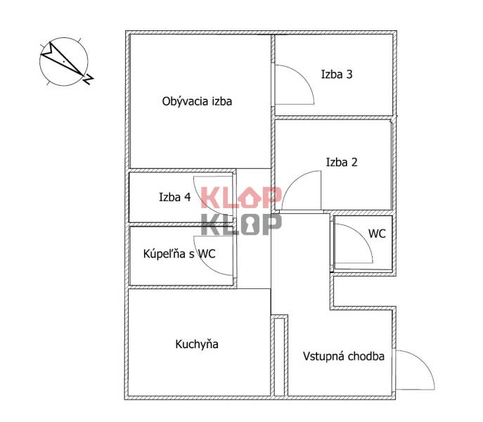 Kúpte si veľký PODKROVNÝ 4i BYT so ZÁHRADOU a PIVNICOU v Starom meste - Pôdorys 4-izbového bytu s obývacou izbou, kuchyňou a dvoma WC.