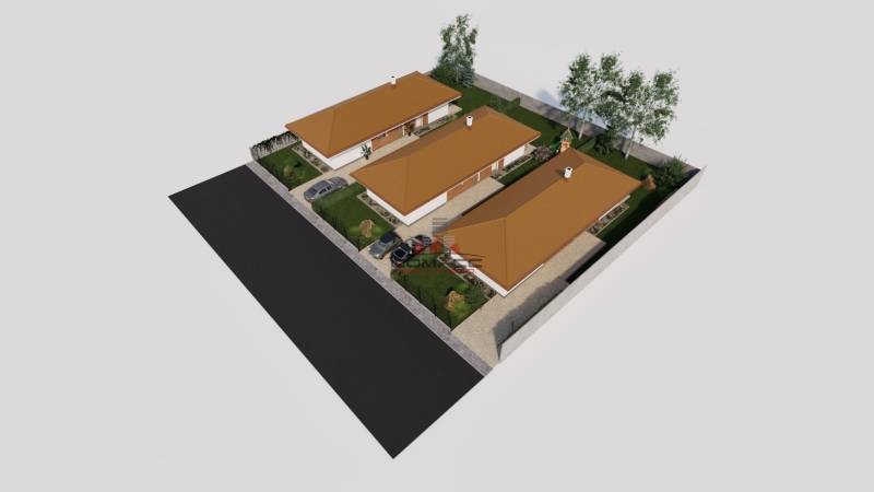 3 x 4iz. Novostavba Veselé pri Piešťanoch - Vizualizácia troch rodinných domov na ulici Veselé v meste Veselé s dvomi parkoviskami.