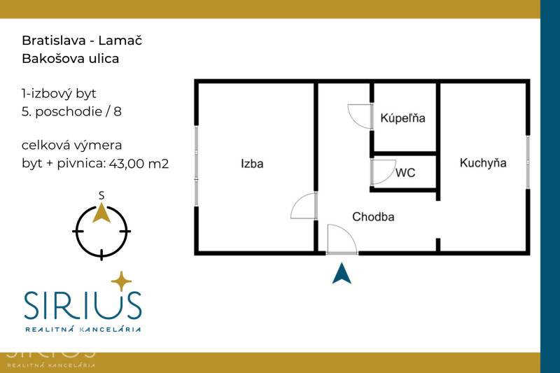BAKOŠOVA, 1-i byt, 43 m2 – nerušený VÝHĽAD NA KARPATY - Pôdorys 1-izbového bytu na Bakošovej ulici v Bratislave - Lamači.