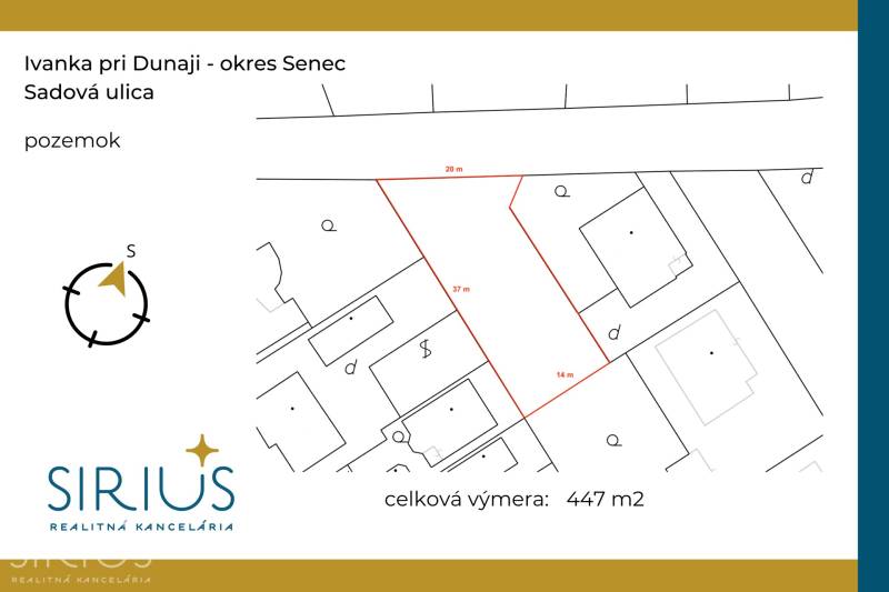 IVANKA PRI DUNAJI, stavebný pozemok 447 m2 s vydaným SP, pôvodná časť - Plán pozemku na predaj v Ivanke pri Dunaji, Sadová ulica, s celkovou výmerou 447 m².