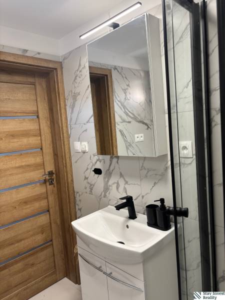 Dom za cenu bytu- komplet prerobený RD 3 izb. Blatné  - Kúpeľňa s drevenými dverami, umývadlom a zrkadlom v rodinnom dome.