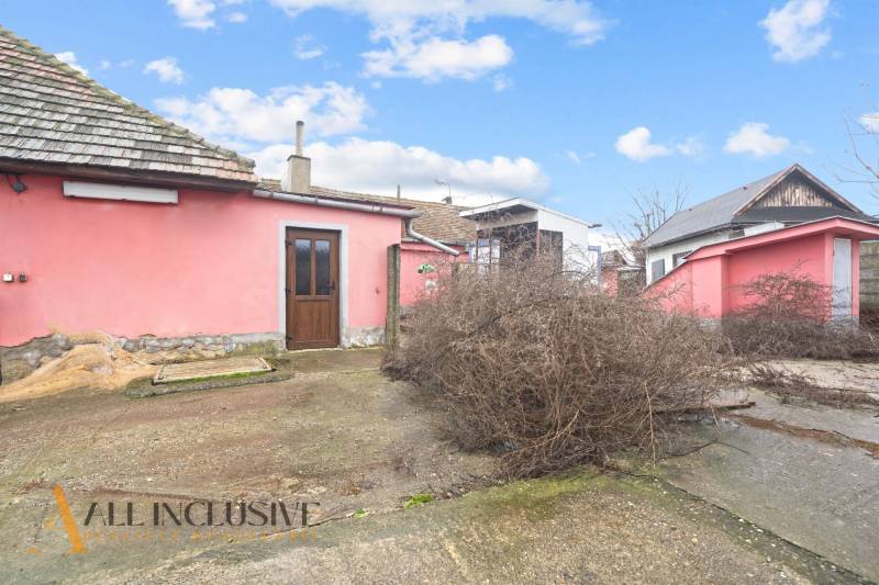 NA PREDAJ 4-IZBOVÝ RODINNÝ DOM V OBCI ŠINTAVA - Rodinný dom v Šintave s ružovou fasádou, neudržiavaným dvorom a drevenými dverami.