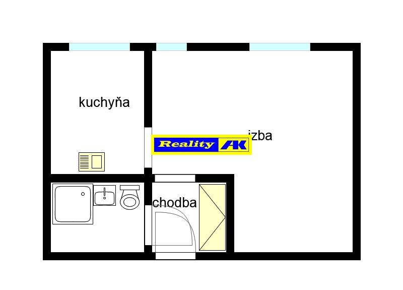 1 izbový byt na prenájom Vrútky, centrum - Pôdorys 1-izbového bytu s chodbou, izbou, kuchyňou a kúpeľňou.