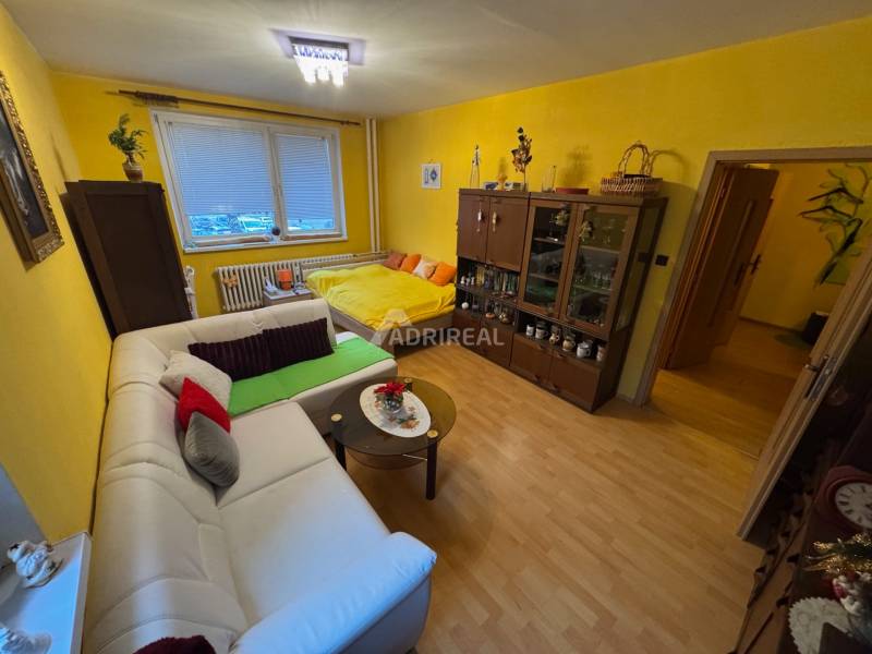 PREDAJ EXKLUZÍVNE: 1i byt s balk.; 41,02 m2; POPRAD; 124.200€ - Obývačka s podlahou s dreveným dekorom, pohovkou a posteľou v 1-izbovom byte.