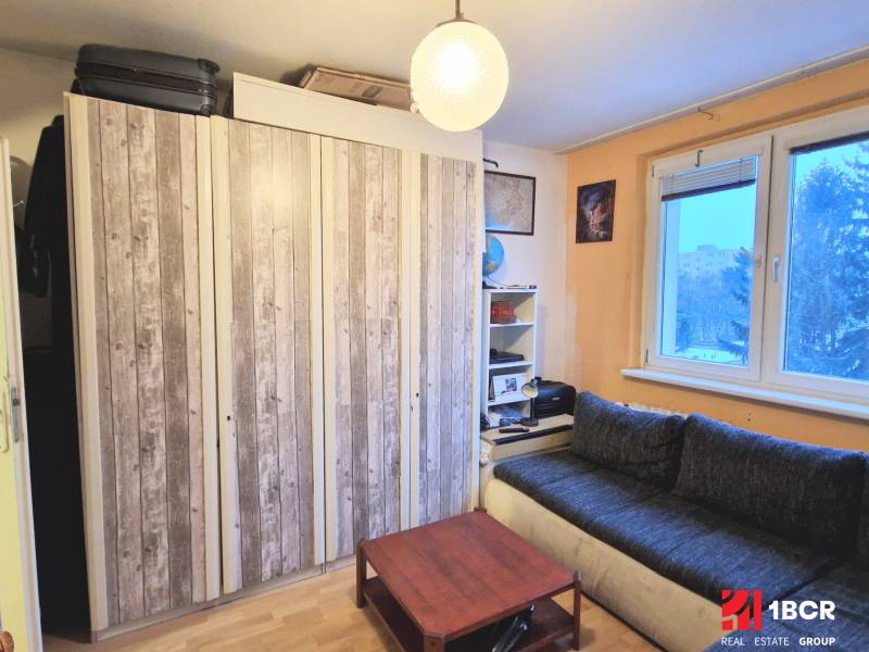 SLNEČNÁ, ÚTULNÁ GARSÓNKA 20m2 , PETRŽALKA - Garsónka s podlahou s dreveným dekorom, gaučom, skriňami a stolíkom. Minimalistický interiér.