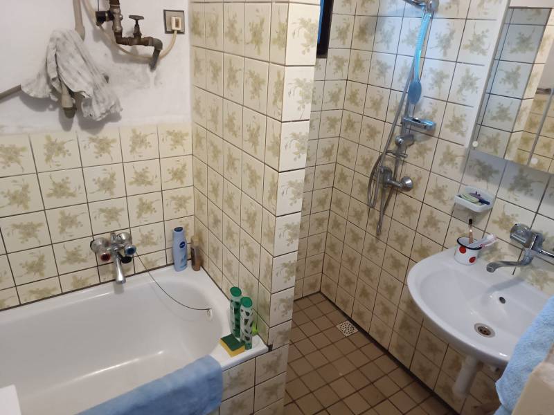 Samota Nová Baňa – Štále s hospodárskymi stavbami  - Kúpeľňa v rodinnom dome s jednoduchou vaňou, umývadlom a sprchou.