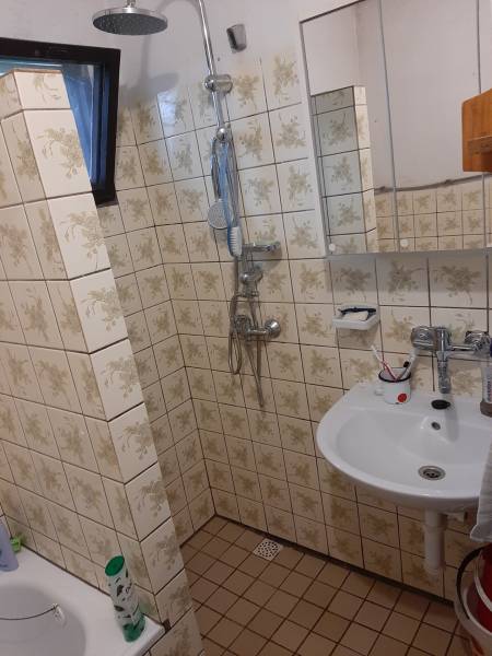 Samota Nová Baňa – Štále s hospodárskymi stavbami  - Kúpeľňa s dlaždicami a sprchou, umývadlom, zrkadlom. Rodinný dom s praktickým dizajnom.